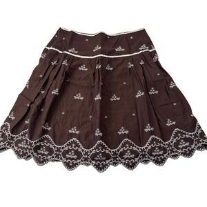 Dressbarn Embroidered A-Line Skirt Women 8 Brown Cotton Scalloped Eyelet Boho